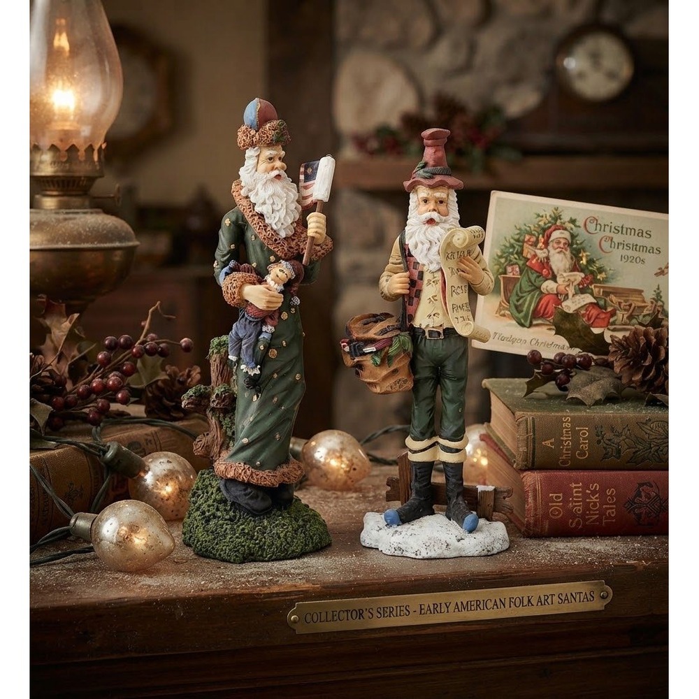 Early American Folk Art Santas Collector Series Set of 2 Christmas Figurines